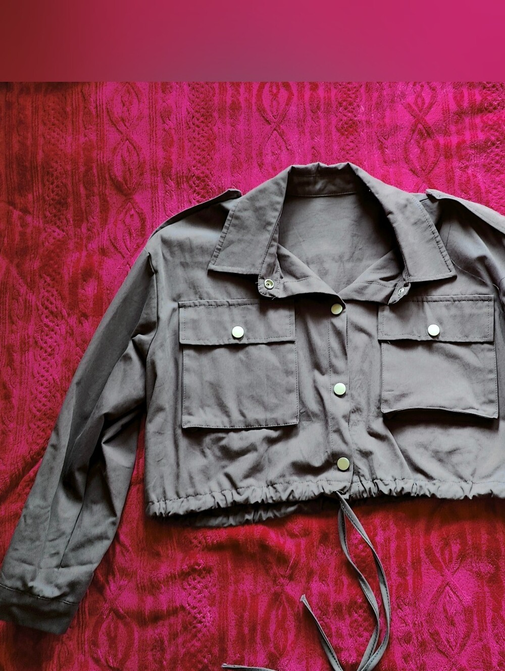 Cropped Utility Jacket in Charcoal Gray - Lightweight Drawstring Shacket One Sz